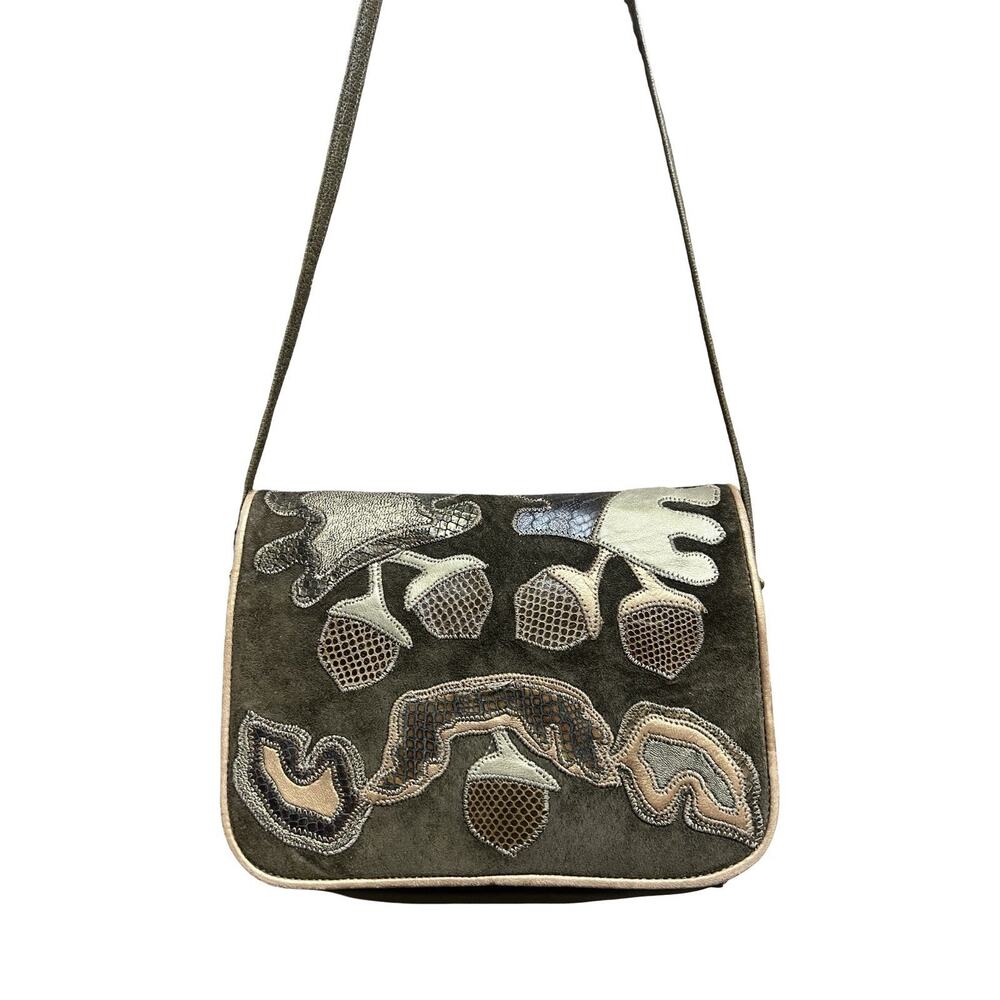 Vtg Sharif Olive Green & Gold Acorn Patchwork Exotic Leather Embroidered Purse